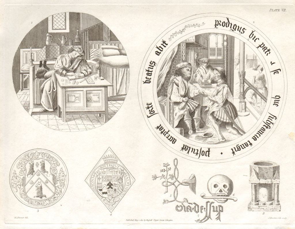 ISLINGTON PARISH. Writer. Coats of arms. Relics. Medieval scene. Clerk 1823